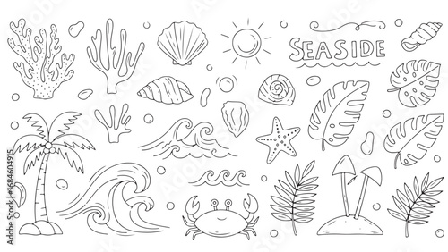 Cute smiling sea animals doodle illustrations set for children. Vector nautical colorless drawings for coloring book