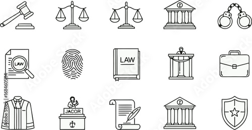 Justice gavel scales courthouse handcuffs briefcase law book fingerprint robe scroll shield legal icons set