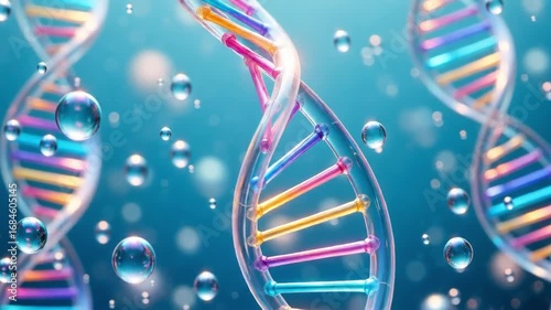 Rotating DNA Helix Structure with Bubbles in Blue Scientific Background