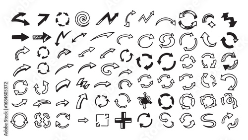 Conjunto de iconos de flechas de diferentes estilos. Flecha de rotación, doble flecha, subir, descargar. Ilustración vectorial 