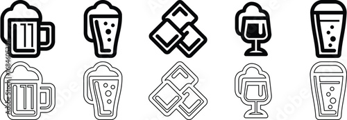 Collection of Black and White Line Art Icons of Beverages and Ice