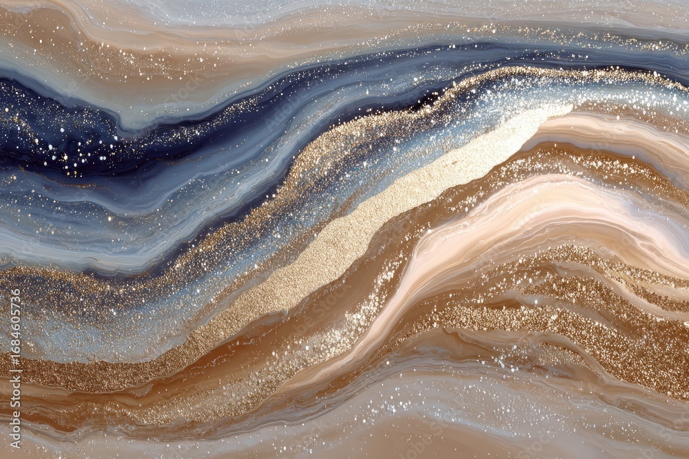 Obraz premium Abstract marble-like texture with flowing, wavy lines of muted tones, gold and glittery accents