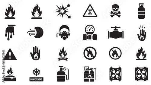 Safety Signs and Symbols: A collection of essential safety signs and symbols. These vector icons represent hazard alerts, from fire to poisonous substances. 