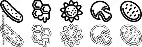 Black and White Icon Set Featuring Food and Nature Elements in Simple Style
