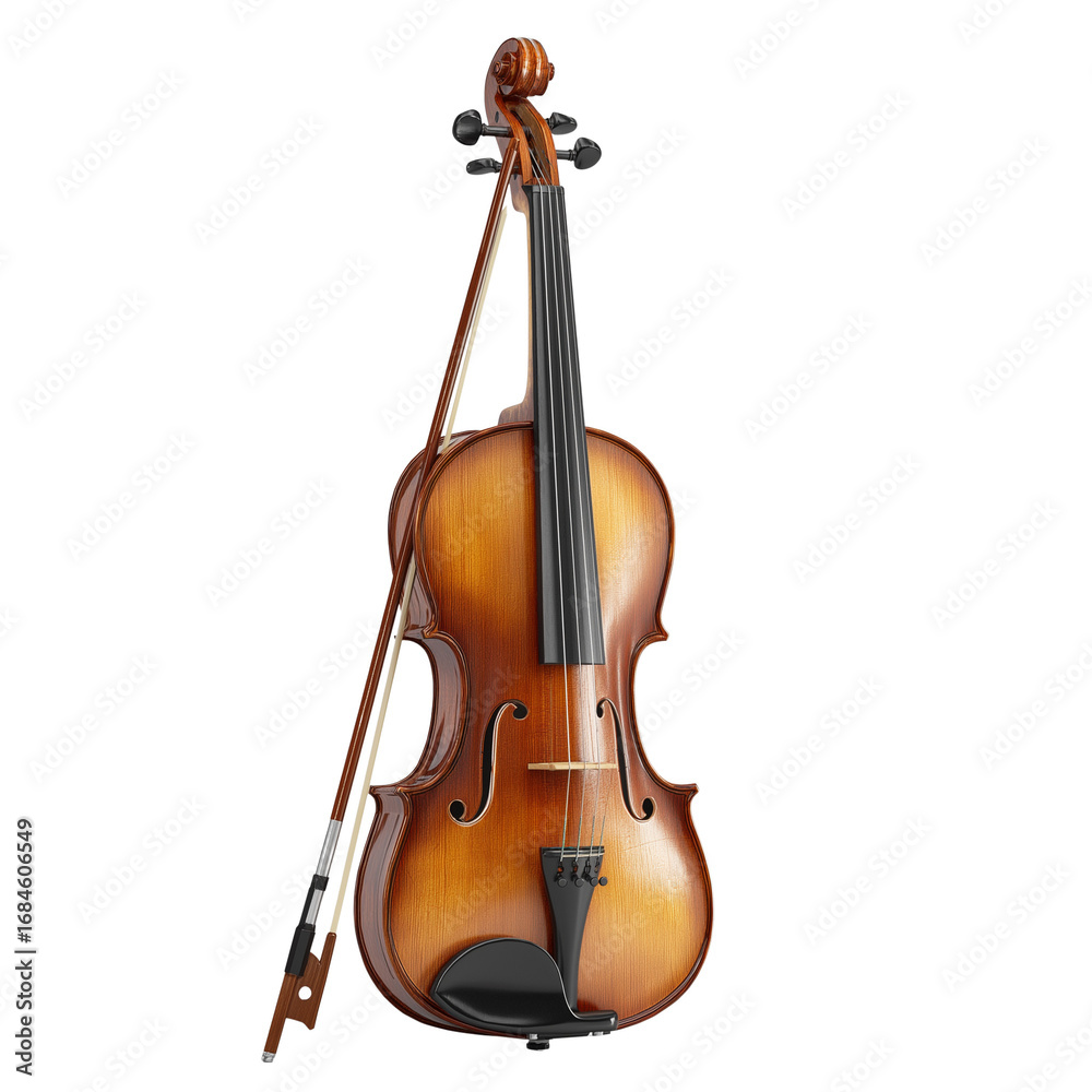 Fototapeta premium wooden violin with bow ready for performance in a serene music studio setting. PNG image, transparent background