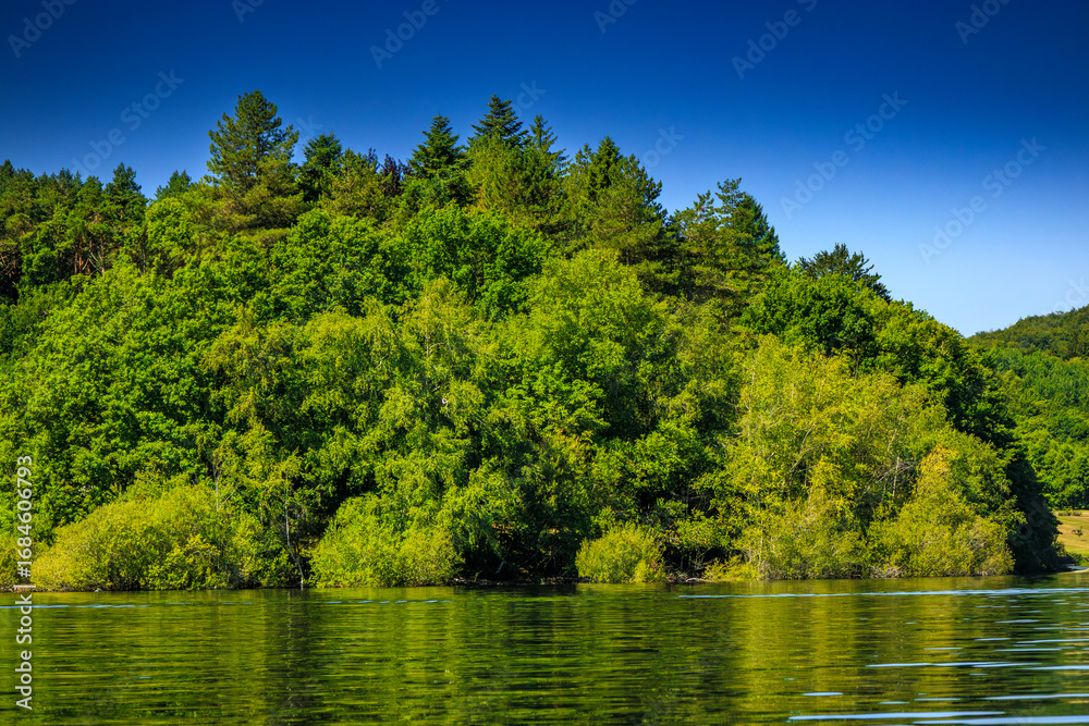 Fototapeta premium Landscape of Lake La Ravière in the early morning in the South of France. Calm water surrounded by forest in Occitanie.