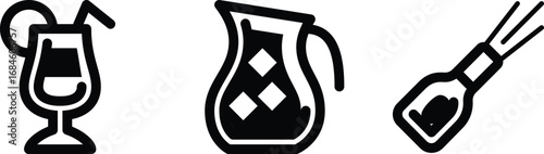 Black and White Icons of Refreshing Beverages Glass Pitcher and Bottle