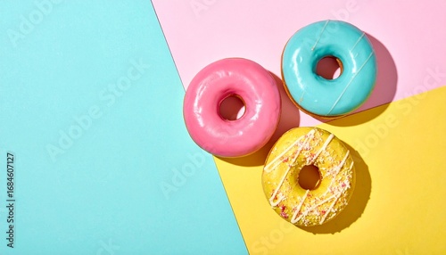 Three colorful frosted donuts arranged on a vibrant pink, yellow, and blue geometric background.