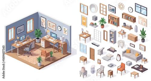 Isometric Home Office Room Interior Illustration and Furniture Elements Set for Design Projects | Vector Graphics for Architectural Visualization, Interior Design and Decoration