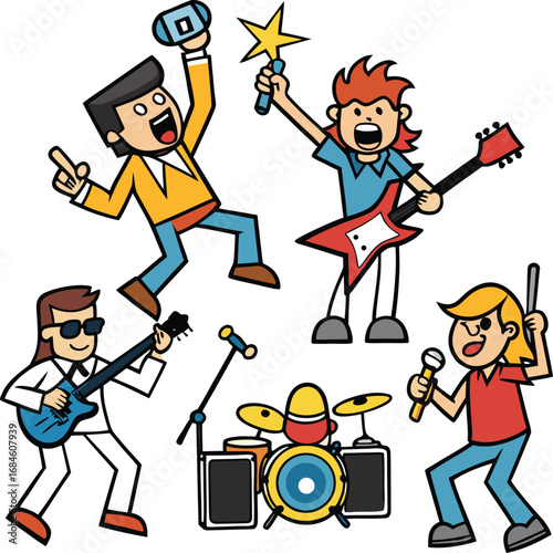 Cartoon Band Illustration – Fun Vector Drawing of Musicians Performing for Music, Kids & Entertainment Design
