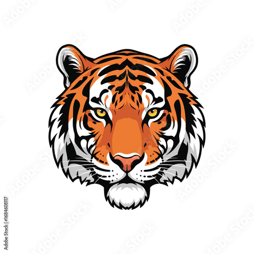 Powerful tiger head illustration, intense gaze, orange and black stripes, detailed vector art.