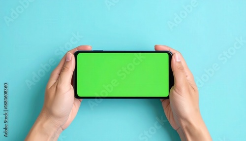 Hands holding a smartphone with a bright green screen, perfect for showcasing digital content, apps, or mockups against a vibrant blue backdrop.