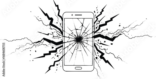 Shattered smartphone screen, radiating cracks and energy bursts.