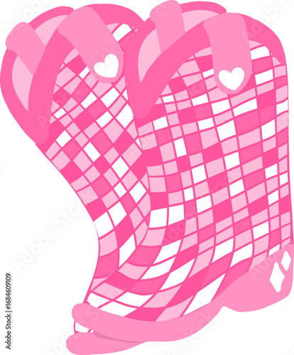 Coquette Gingham Cowgirl Boots – Cute Pink Retro Groovy Illustration