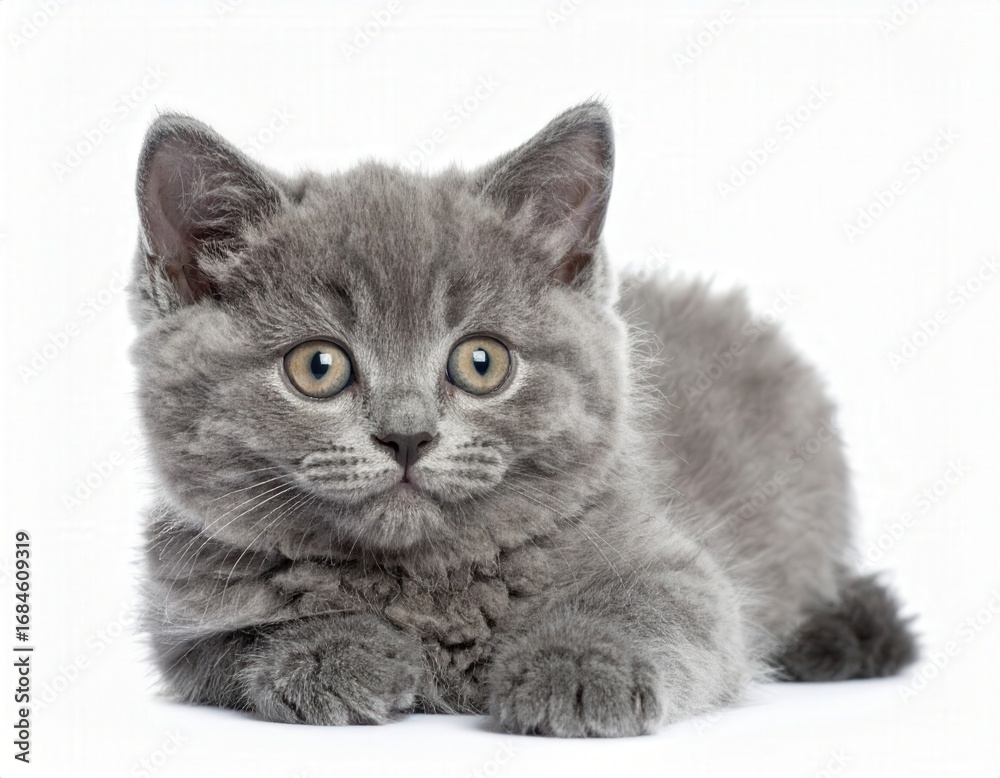 Obraz premium A charming gray kitten with soft fur, and captivating eyes lies, inviting warmth and affection, portrait capturing feline elegance.