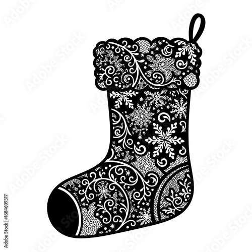 Elegant black and white christmas stocking with intricate snowflake design