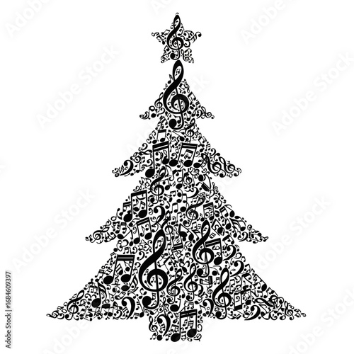 Christmas tree formed entirely from musical notes and symbols