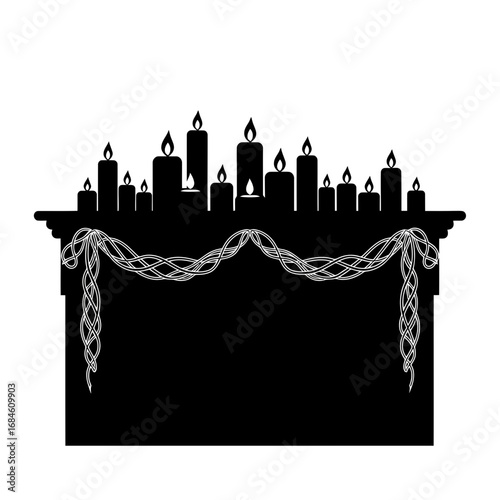 Silhouette of a mantelpiece adorned with candles and garland