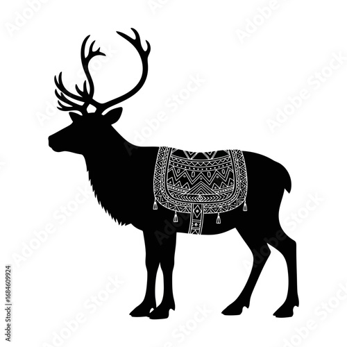 Black silhouette of a reindeer with ornate saddle