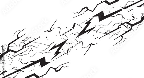 Abstract black and white graphic depicting a dynamic, energetic flow of jagged lines and lightning bolts, suggesting power and movement across a white background.