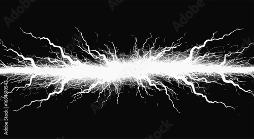 A powerful, bright white electrical discharge crackles and branches outwards across a dark background, creating a dynamic and energetic visual effect.