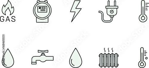 Essential utility icons for energy, water, and heat management in a modern design