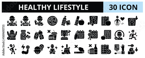 30 Healthy Lifestyle Glyph Icons Vector - Eat Protein, Diet, Cardio Training, Meal Plan, Daily Walk, Detoxification, Jogging, Healthy Snack