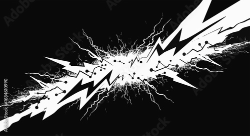 A dynamic black and white illustration depicting a powerful electric surge with jagged lightning bolts and connecting circuit-like lines radiating outwards f...