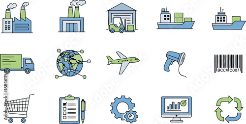 Global logistics icons showcasing industry, transport, and commerce for modern business operations