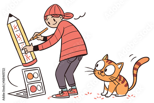 Woman and man cartoon illustration with a dog, cat, and girl sports vector art