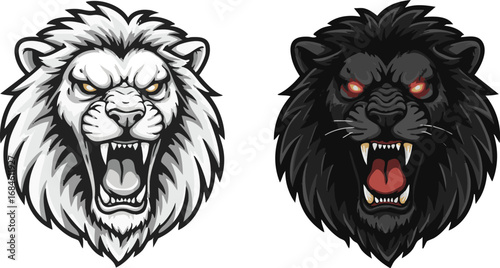Roaring lion heads, black and white versions, fierce expressions, vector art.
