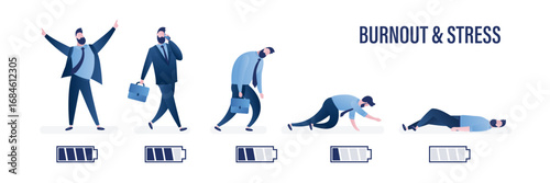 Life energy, strong and tired businessman. Powerful person with high charge and uncharged battery level indicators. Worker man in various poses. Business man power weak from work. vector illustration