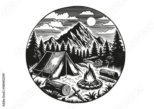Vintage Camping Scene with Tent, Campfire and Mountain Landscape