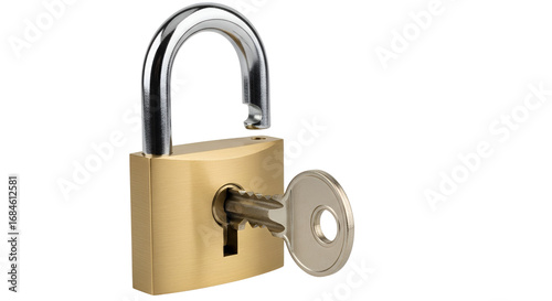 Gold padlock with key inserted isolated PNG with Transparent Background