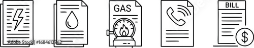 Essential utility icons representing electricity, water, gas, phone, and billing for financial planning and home management