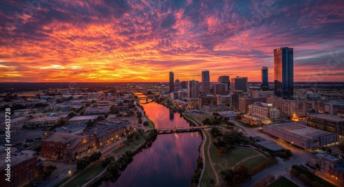 Texas Fort Worth. Aerial Cityscape at Sunset with Trinity River and Panoramic Skyline View