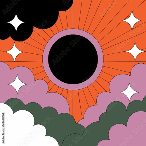 Vector art of a stylized solar eclipse with orange rays, surrounded by clouds and stars, creating a retro and celestial atmosphere, evoking wonder
