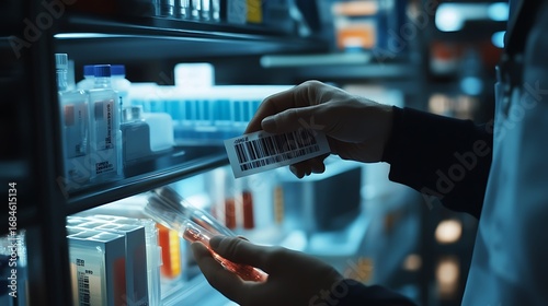 Close-up of hands labeling test tubes with barcoded stickers, laboratory workflow