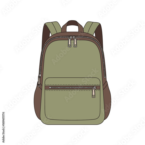 Vector illustration of a modern green and brown backpack. Detailed drawing of a school bag or rucksack for travel, isolated on a white background for design