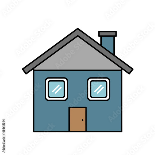 A simple blue house icon with a grey roof and chimney. Flat vector illustration of a residential building or family home isolated on a white background