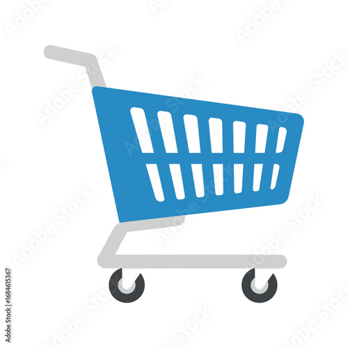 Empty blue supermarket trolley icon. A flat design vector illustration symbolizing online shopping, retail business, and consumer purchasing on a white background