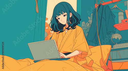 モダンアニメスタイル 女性がノートパソコンに向かって集中して作業するシーン 在宅勤務やオンライン授業を表現するイラスト 部屋のインテリアや自然光に彩られた穏やかな雰囲気