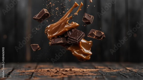 Suspended dark chocolate pieces with caramel splash and cocoa powder on rustic wooden surface create rich and indulgent dessert scene with warm, moody tones