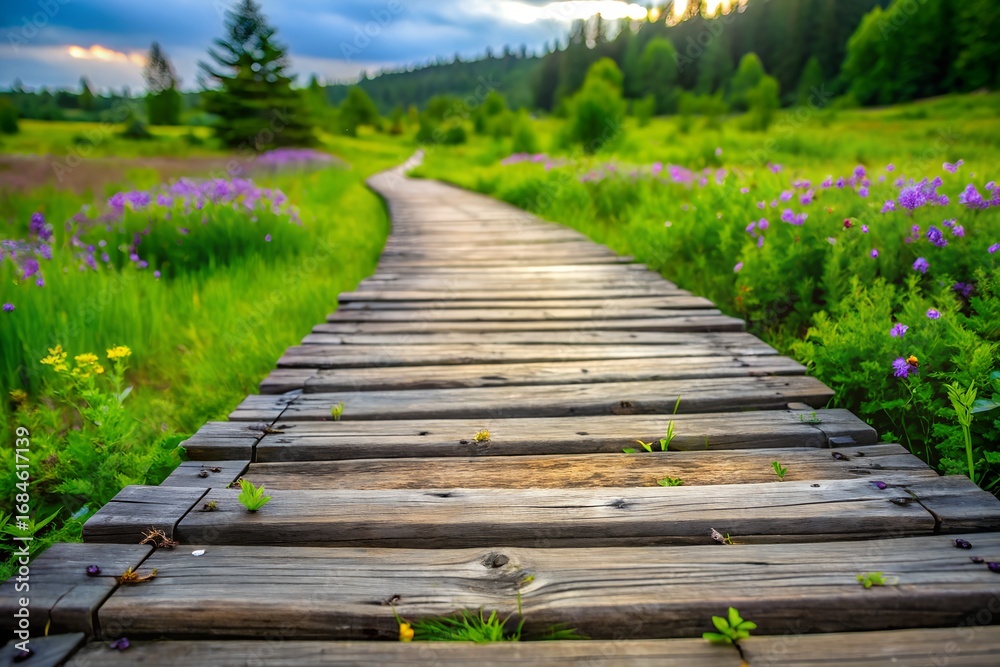 Obraz premium Wooden boardwalk path through a vibrant green meadow with wildflowers and trees