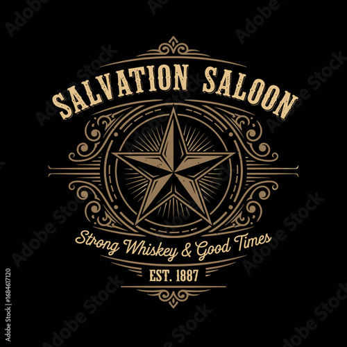 Vintage saloon logo design featuring a star, ornate borders, and text, on a black background.