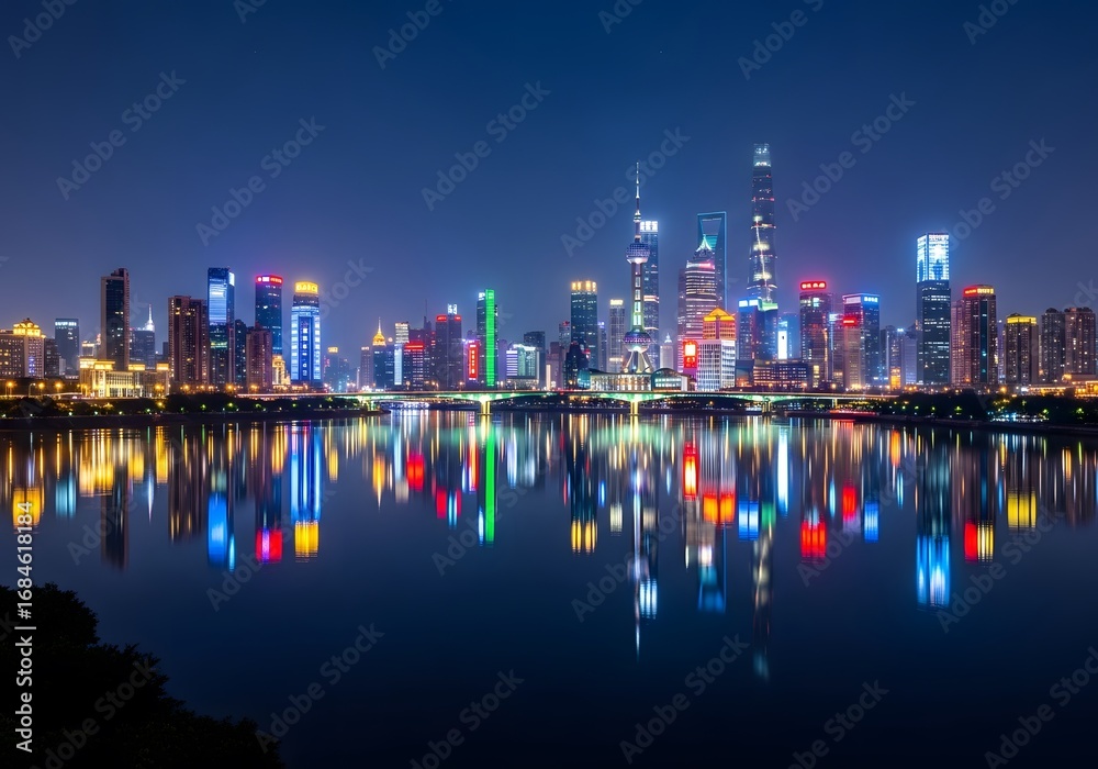 Fototapeta premium Shanghai Skyline Night Reflection
