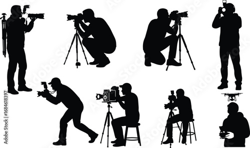 "Photography and Videography Silhouettes – Tripod, Drone, Camera Flash, Vintage Gear, Crouch Pose, Filming Action, Photographer Vector Icons"