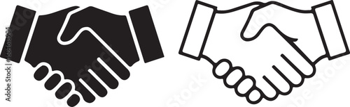 Two handshake icons one solid black one outline white background