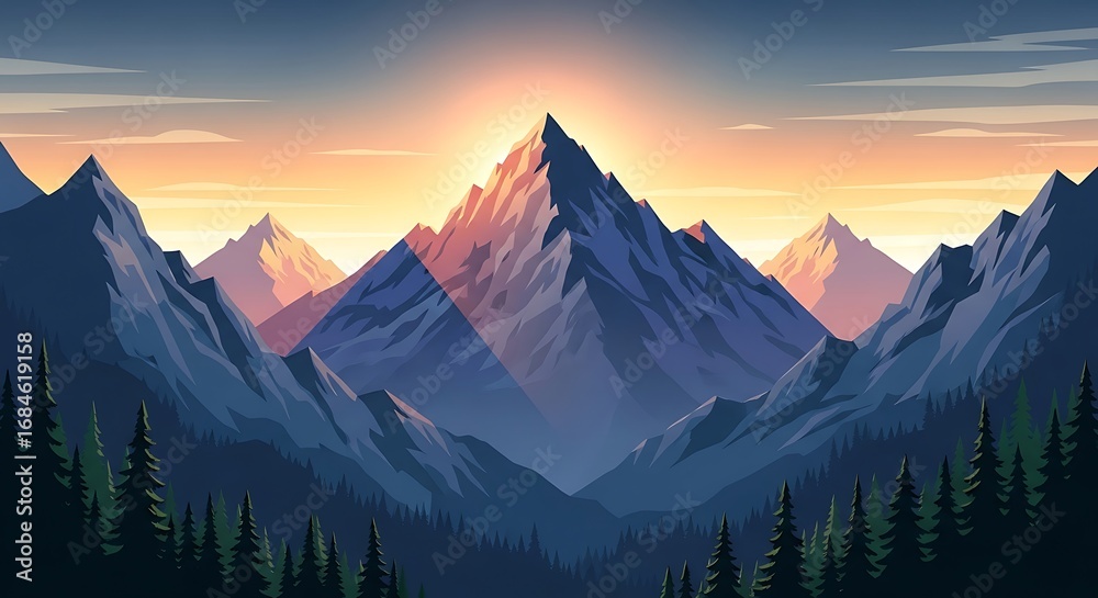Obraz premium Mountain Range with Sunrise in Vibrant Colors and Forest Landscape