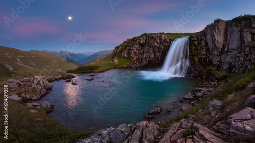 Beautiful nature pool with waterfall at the top of mountain.